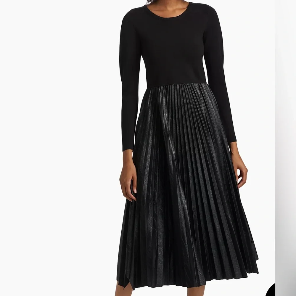 Elie Tahari leather The Amalia Pleated Mixed Media Sweater Dress
Color black - Picture 9 of 13
